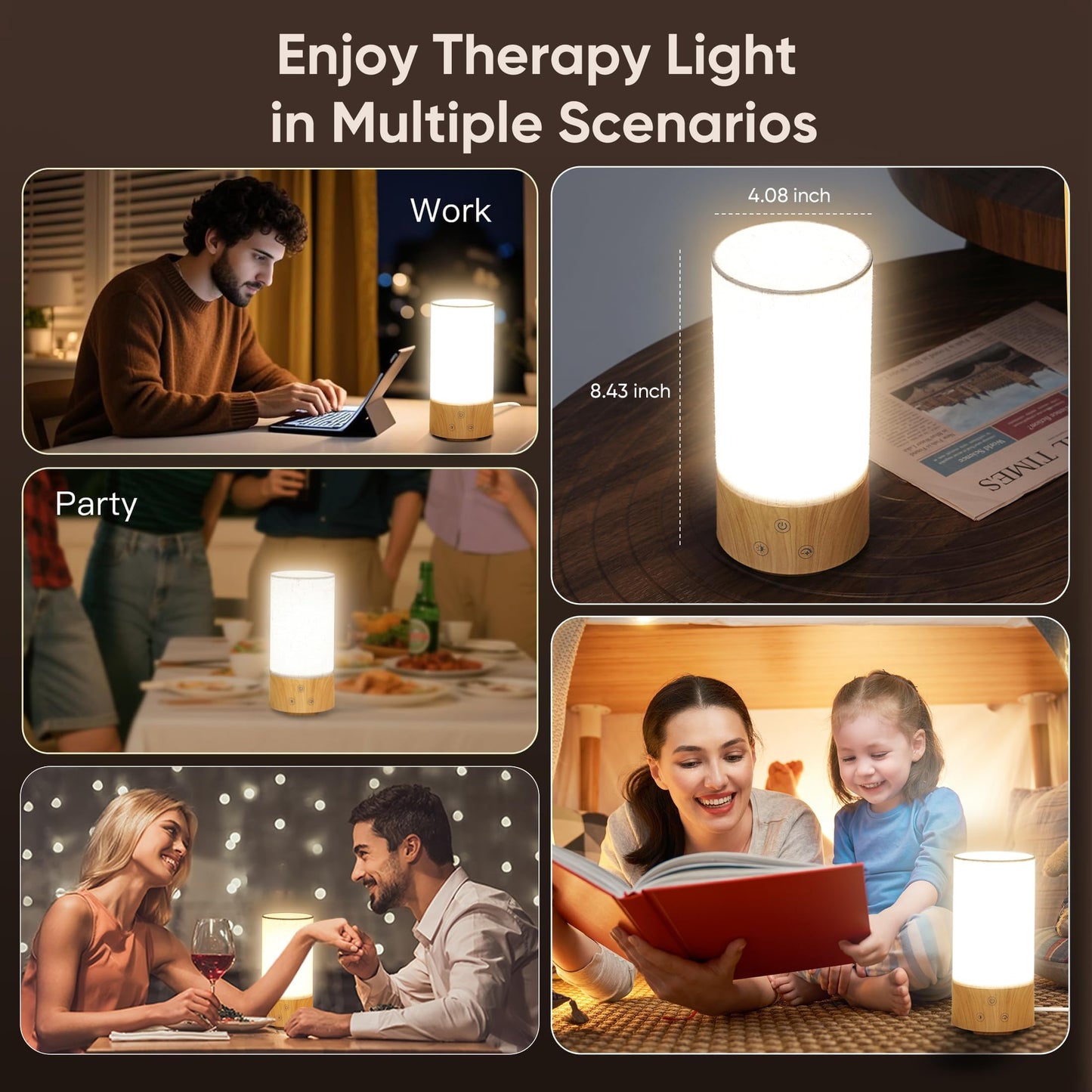Caromolly Light Therapy Lamp, Happy Lamp 10,000 LUX UV Free with 3 Color Temperature & 5 Brightness Level, Full Spectrum Light Wood Base Round Flaxen Fabric Shade for Home, Office, 4" × 8.4”