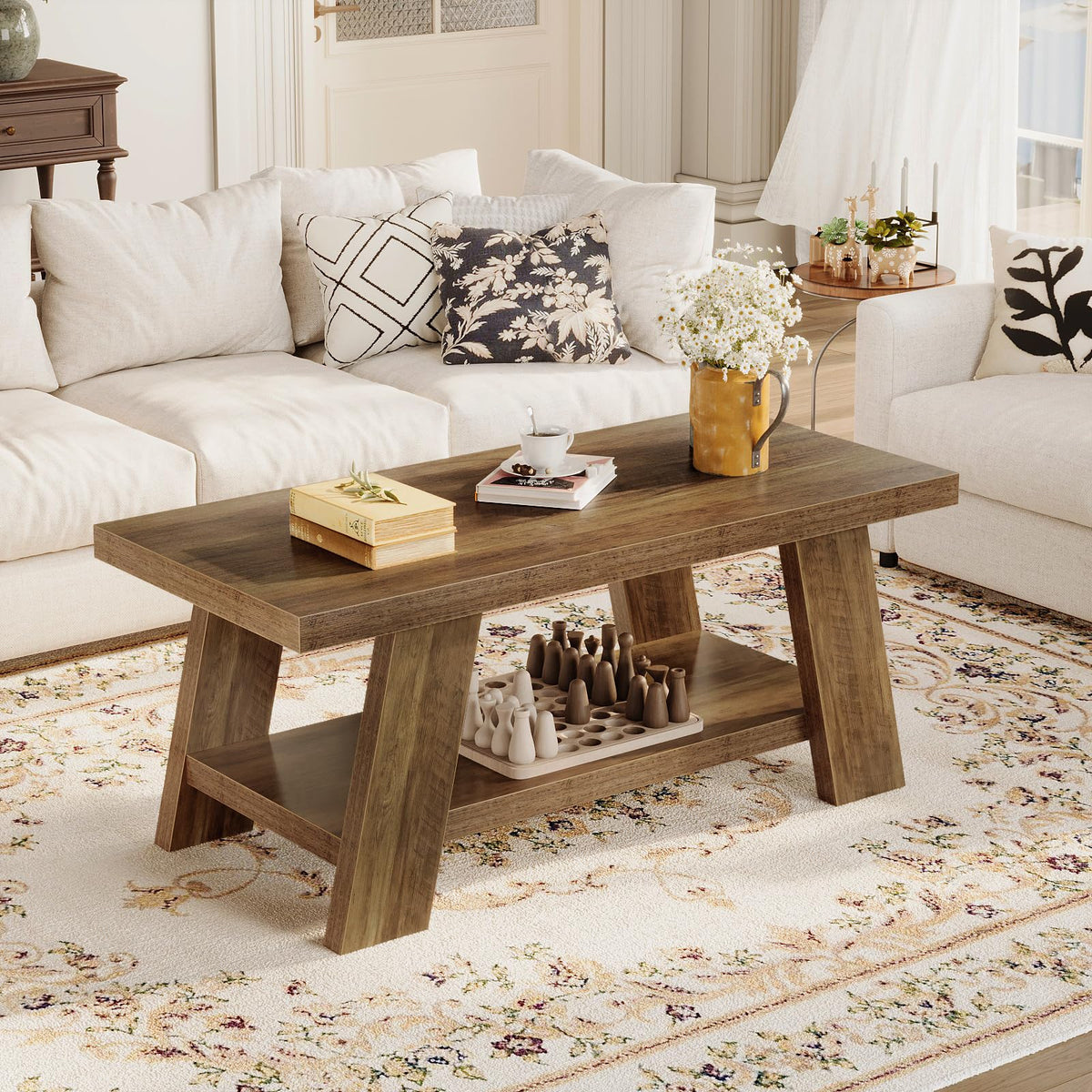 Tohomeor 47.24" Coffee Table for Living Room, Farmhouse Solid Wood Coffee Table with Storage, Rectangle Rustic Accent Center Table with for Home Apartment Office, Retro Brown