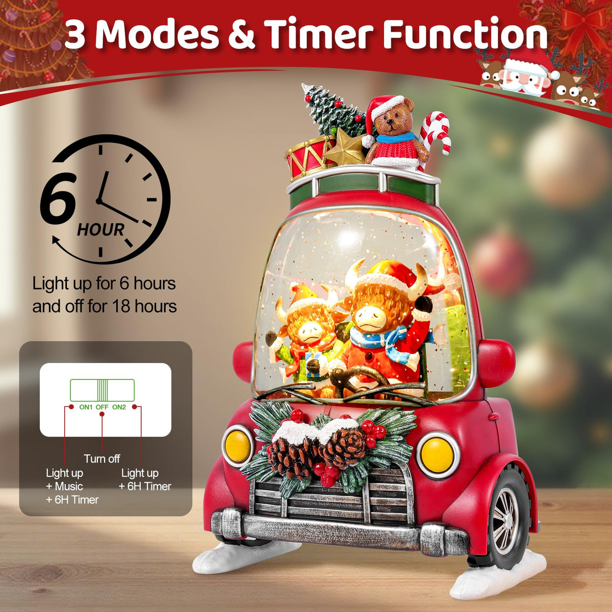 Christmas Snow Globe Lantern with 8 Holiday Music, Christmas Water Snow Globe USB/Battery Powered 6H Timer, Glitter Snowfall Two Bison Scene for Family Friends (Two Bison)