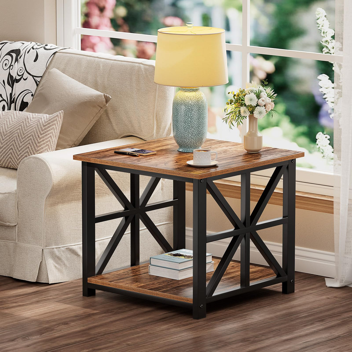 GreenForest End Table with 2-Tier Storage Shelf, 24 inch Large Side Table for Living Room, Modern Nightstand for Bedroom Bedside Office Farmhouse, Walnut