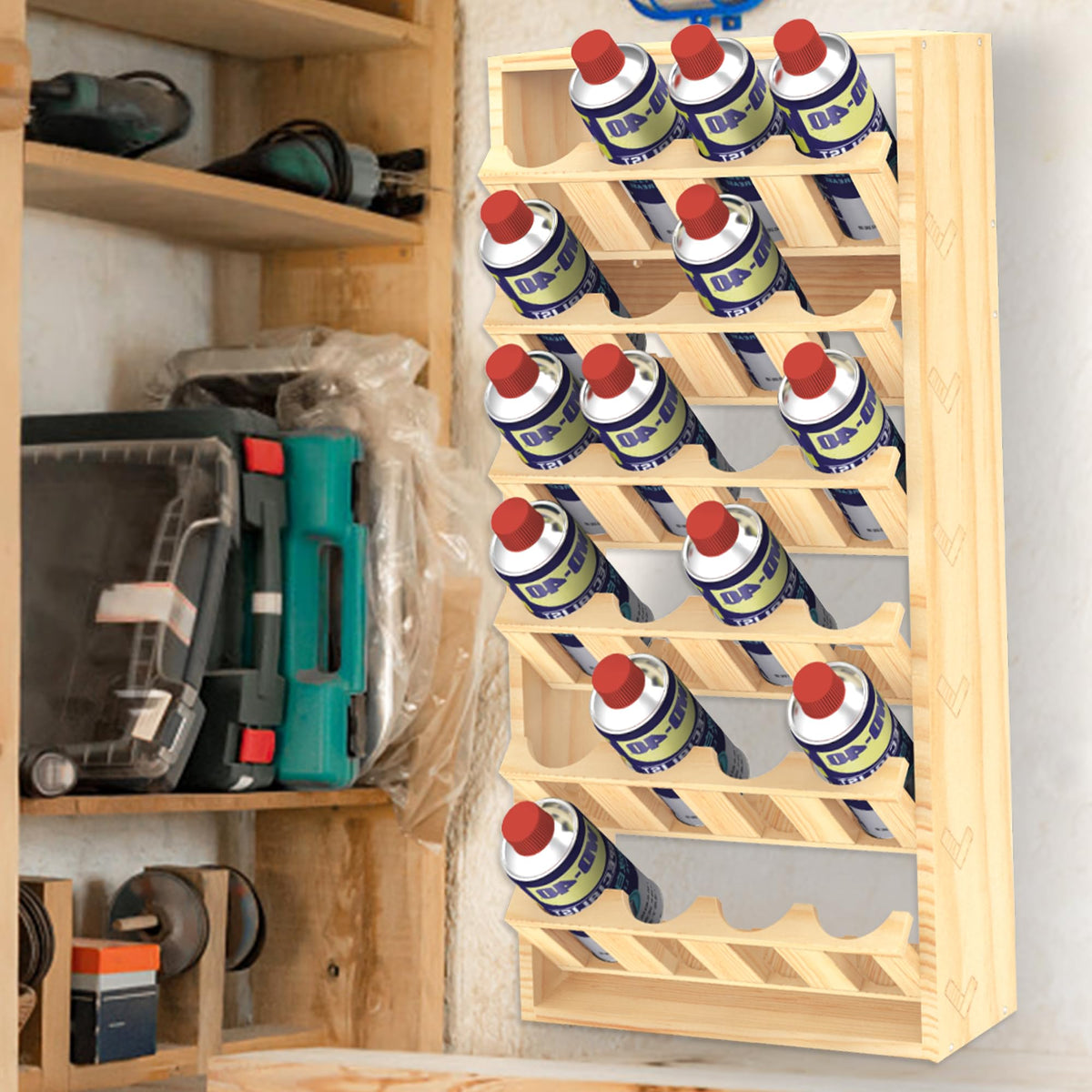 Yeshine 24-Can Spray Paint Storage Rack, Wooden Organization Rack for Paint and Lube, Craft Workroom Bottle Organizer, Wall Mount Aerosol Holder
