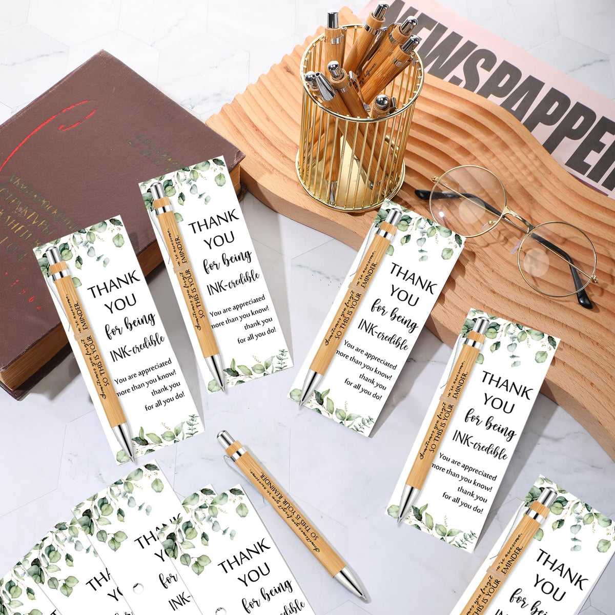 Yeaqee 36 Sets Employee Appreciation Gift Bulk Thank You Inspirational Bamboo Pen with Card Appreciation Gift for Nurse Teacher Admin Professional Volunteer Coworker Staff (Your Reminder)