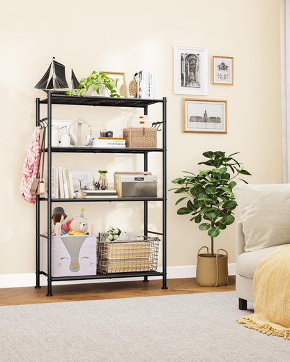 Sakugi Storage Shelves - 4-Tier Spacious Shelf Organizer with Hooks & Leveling Feet, Easy to Assemble, Rust-Resistant Garage Shelving for Kitchen, Pantry, Bedroom, 33.2" x 12.7" x 57.3", Black
