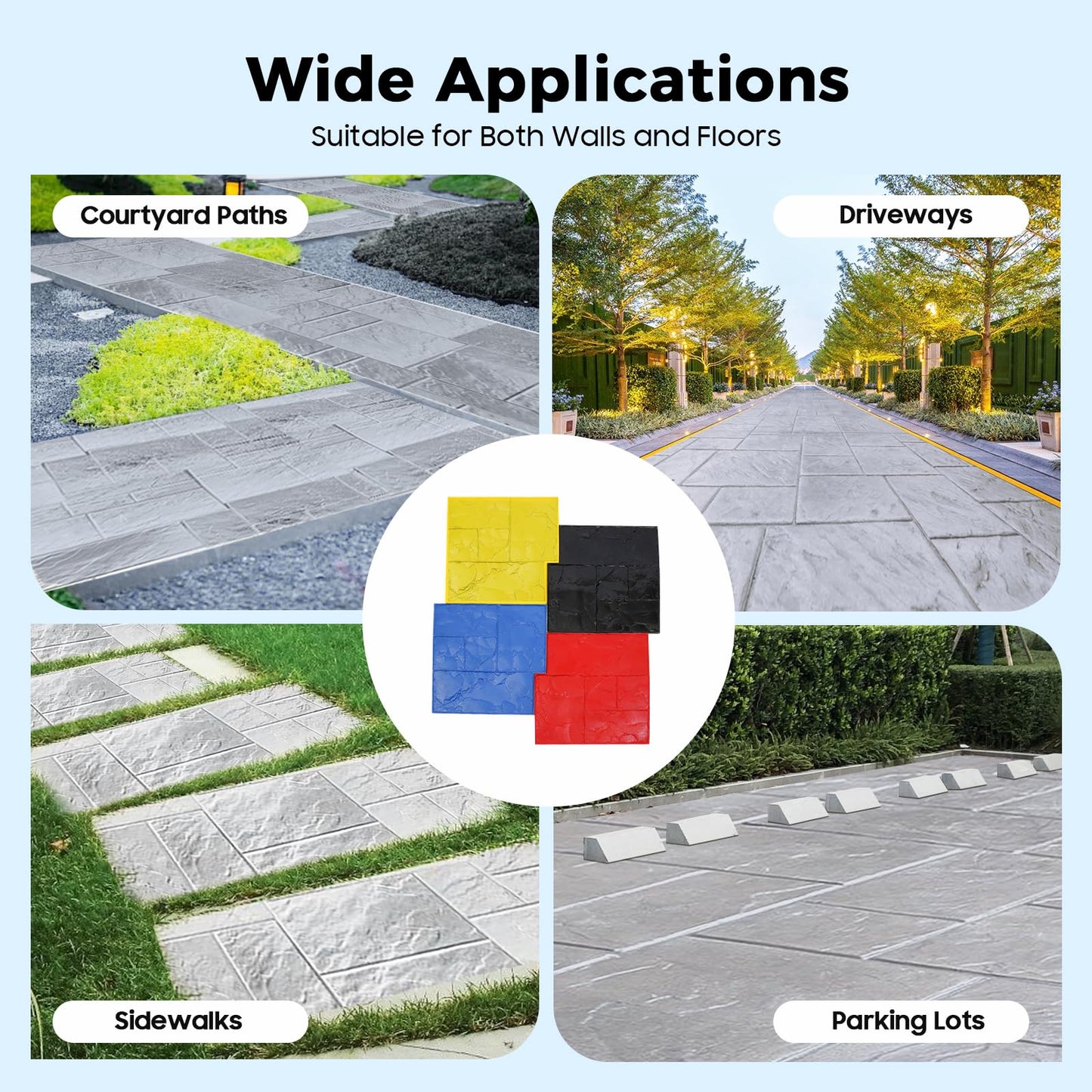 AKSDSGA 4 Pieces 24"×24" Concrete Stamps Mats Set Concrete Texturing Skin with Handles, Stone Texture Cement Stamps for Walls/Floors, 0.7in Thickness, 4 Colors