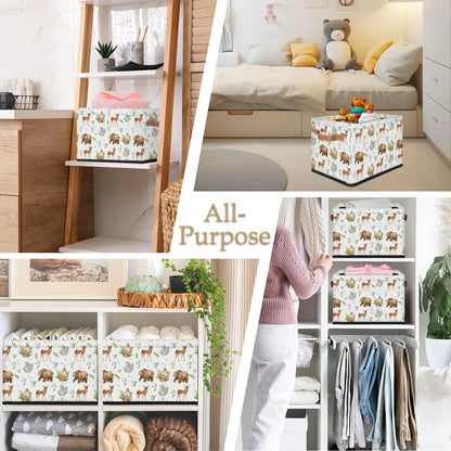 Rectangular Kids Bear Storage Basket Bins - Waterproof Foldable Woodland Animals Storage Box with Sturdy Metal Frame and Handles, Collapsible Organizer for Toys, Blankets in Kids Room Playroom Nursery