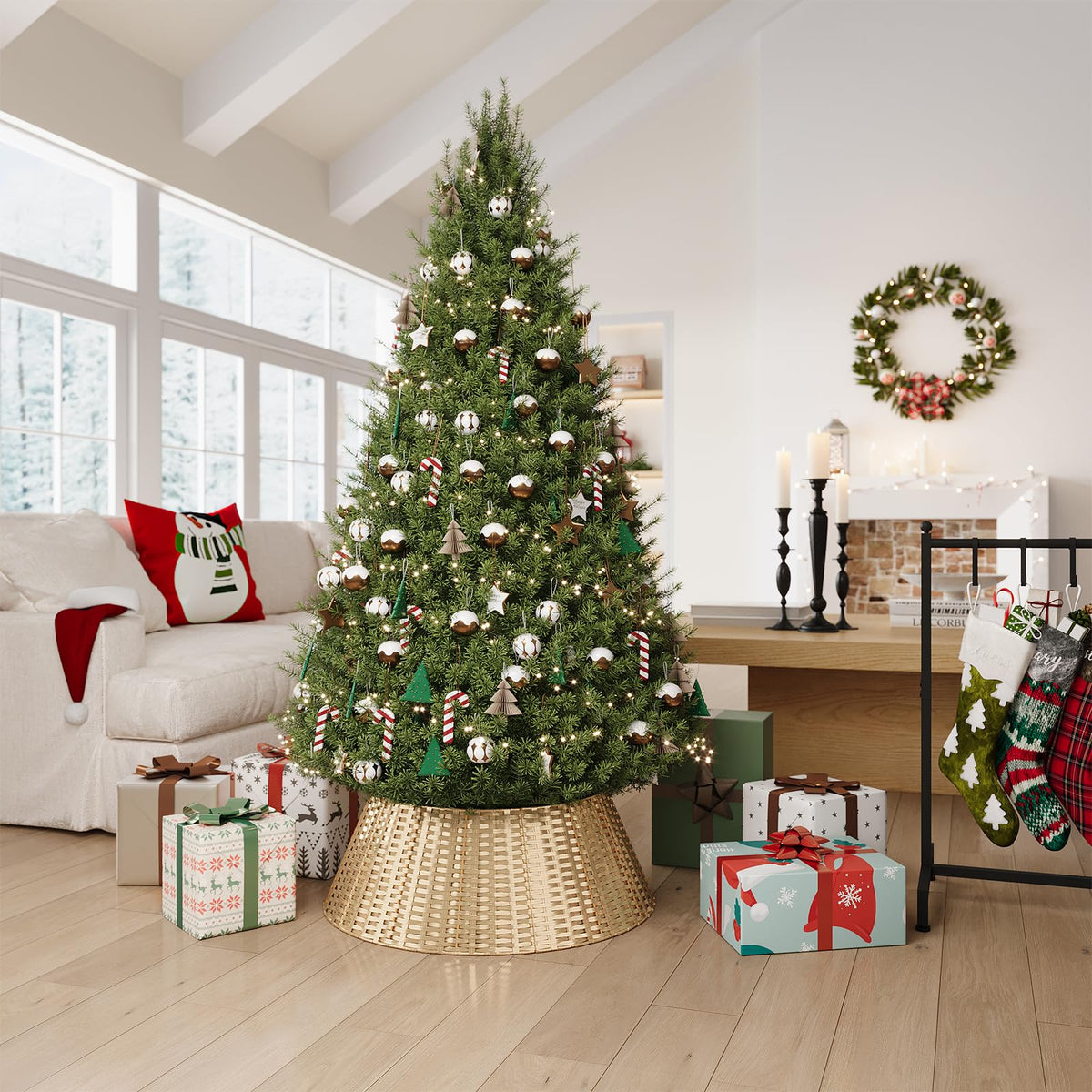 ELYKEN Gold Christmas Tree Collar, 28 Inch Woven Xmas Tree Skirt for 7.5 ft Trees, Stylish Rustic Basket for Tree Base Cover with Cord Cut-Out for Pencil Trees, Easy Assembly