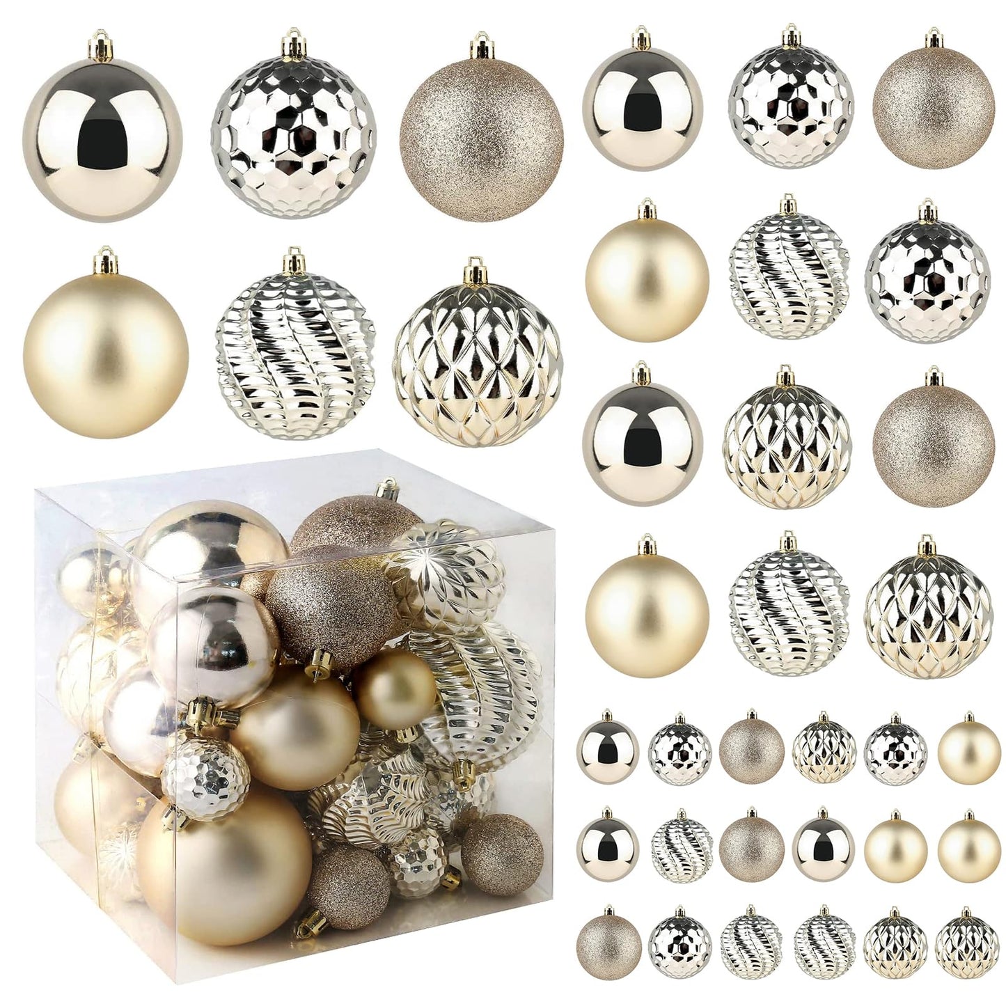 Christmas Balls Ornaments -36pcs Shatterproof Christmas Tree Decorations with Hanging Loop for Xmas Tree Wedding Holiday Party Home Decor,6 Styles in 3 Sizes(Champagne Gold)