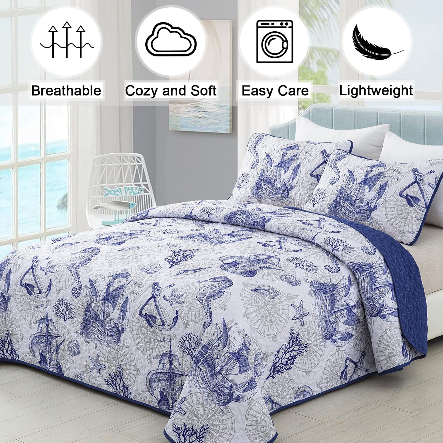 DJY Blue Quilt Set King Nautical Beach Quilt Coverlet Set Coastal Seahorse Bedspread with 2 Pillow Shams Lightweight Coastal Bedding Quilt Set for Adults Teens Kids (3 Pieces, 90"x104")