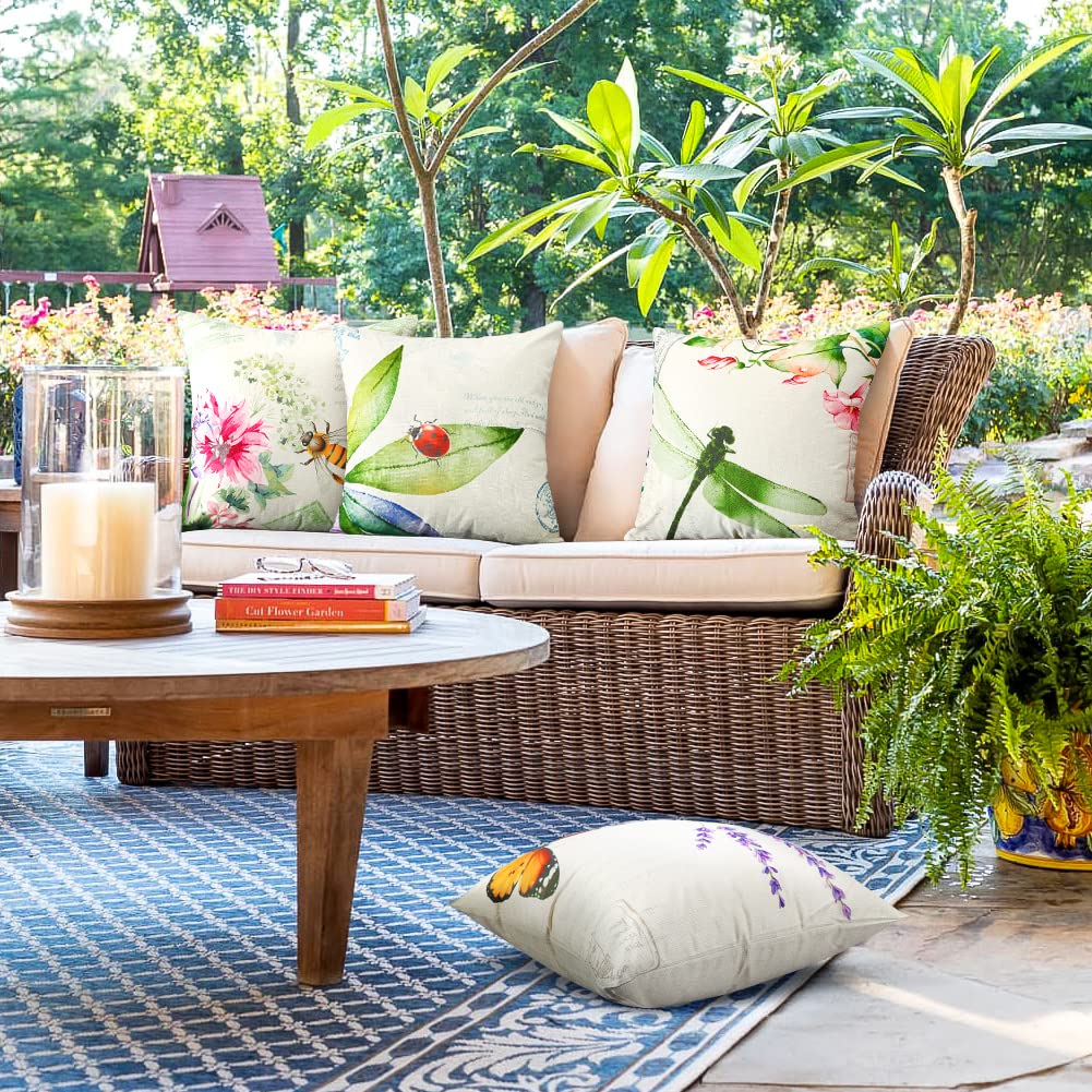 JOTOM Outdoor Decorative Cushion Covers 45x45 cm Waterproof Throw Pillow Covers Outdoor Cushions Butterfly Patio Garden Flower Pillowcases for Bench Sofa Indoor Decoration Set of 4 (Insects and Plant)