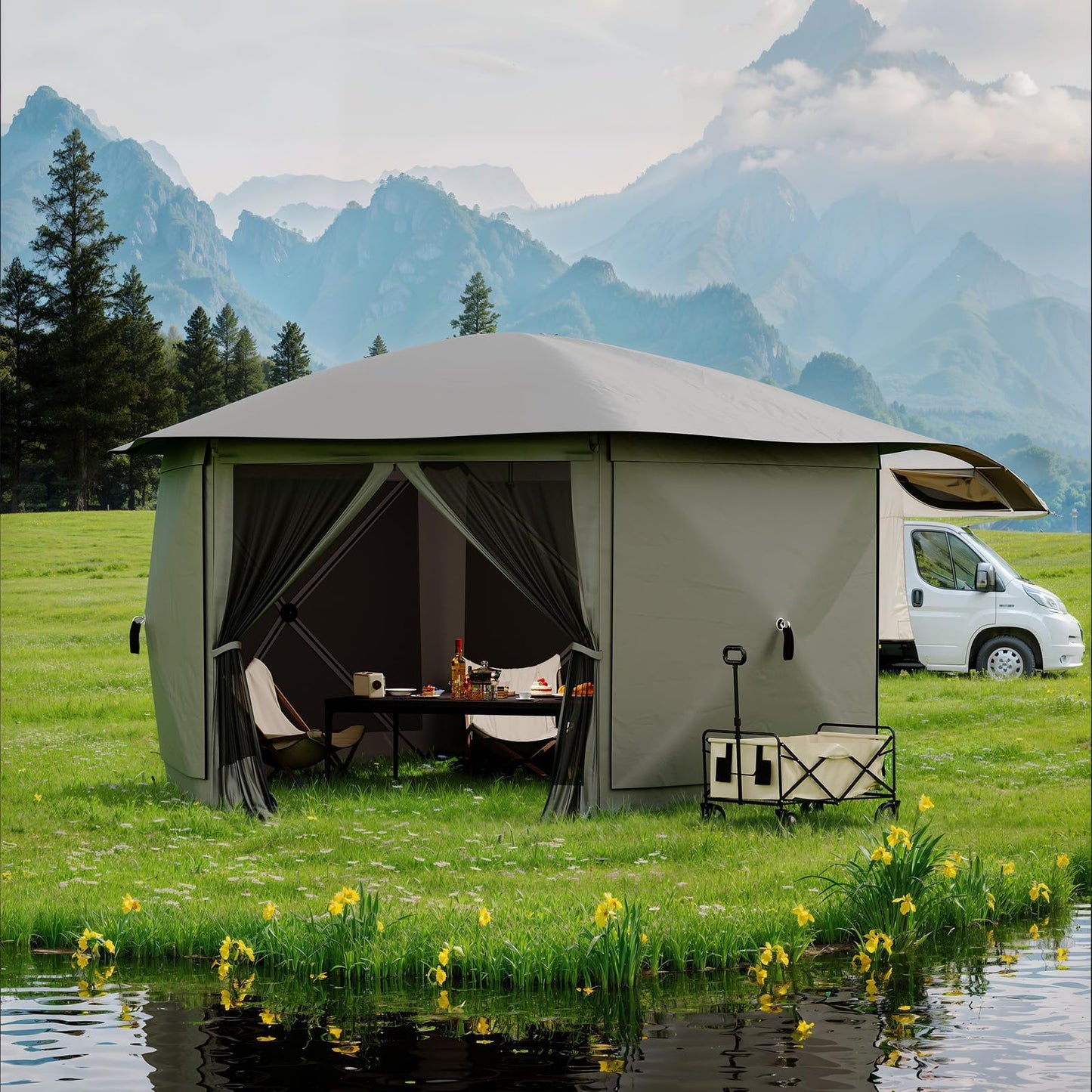 GarveeLife 11.5x11.5FT 6-Sided Pop Up Gazebo Tent，One-Push Setup Canopy Tent with Mesh Panels & Removable Wind Cloths, Outdoor shelter for Camping, Backyard Parties, Outdoor Events - Grey