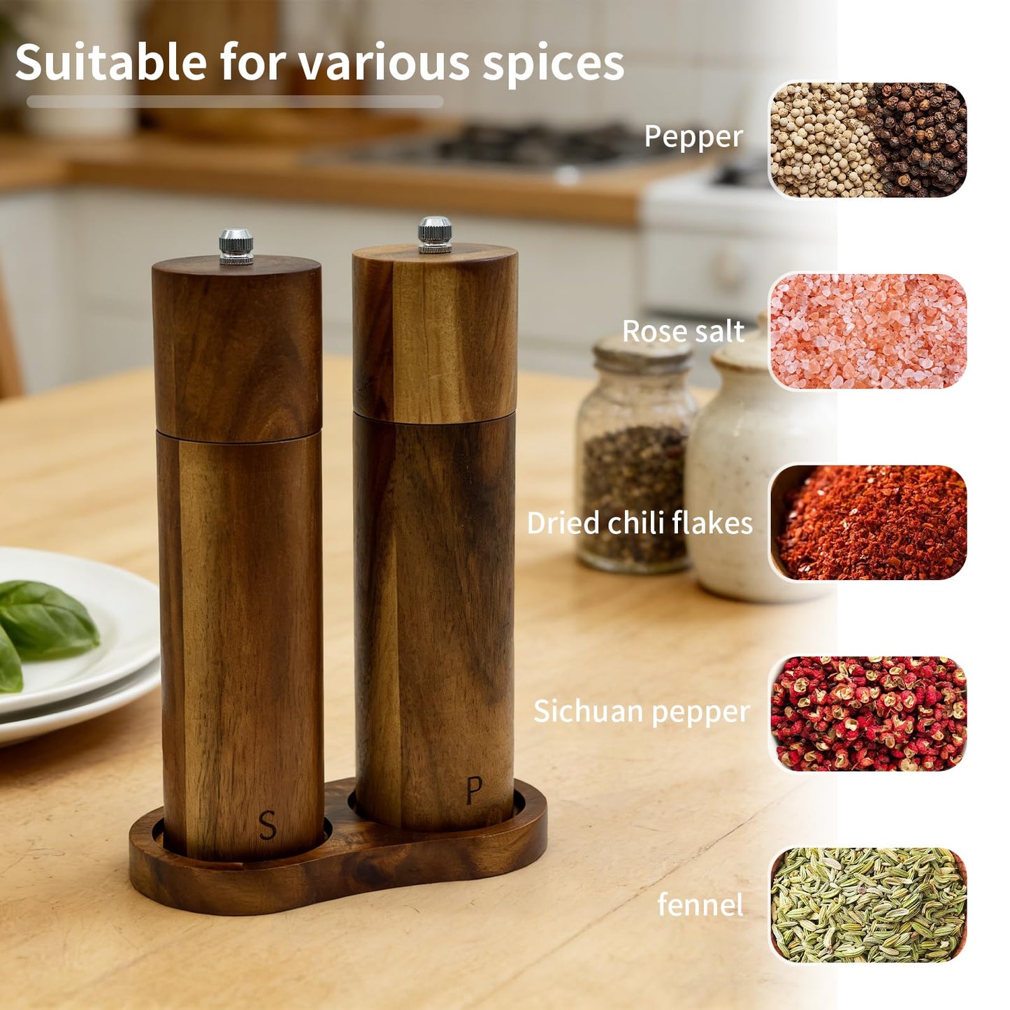 Amestar 8 Inch Acacia Wooden Salt and Pepper Grinder Set, Refillable Salt and Pepper Mills Adjustable Coarseness, Salt and Pepper Shakers Matching Wooden Tray, Spice Grinder for Kitchen