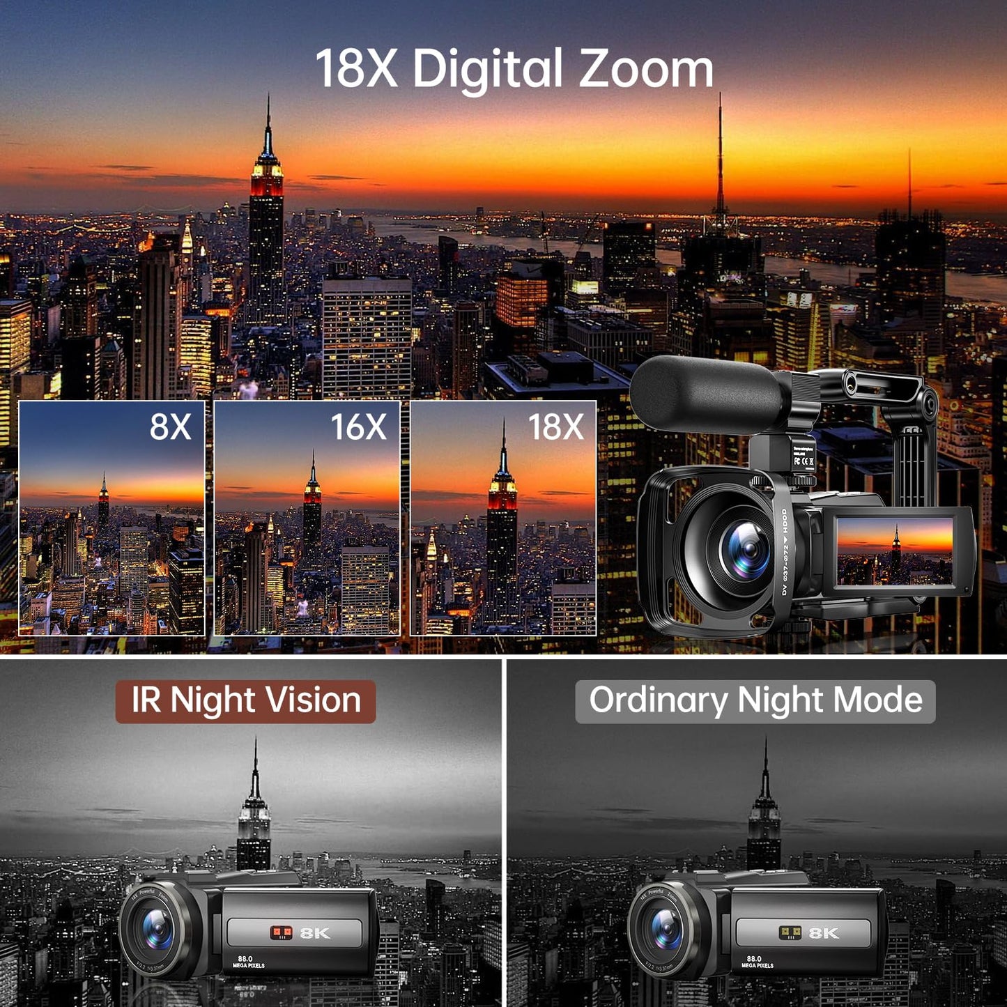 8K Video Camera Camcorder 88MP UHD WiFi Vlogging Cameras for YouTube 18X Digital Zoom IR Night Vision 3.0''Touch Screen Camera with 32GB Card, Microphone, Stabilizer, Lens Hood, Remote, Batteries