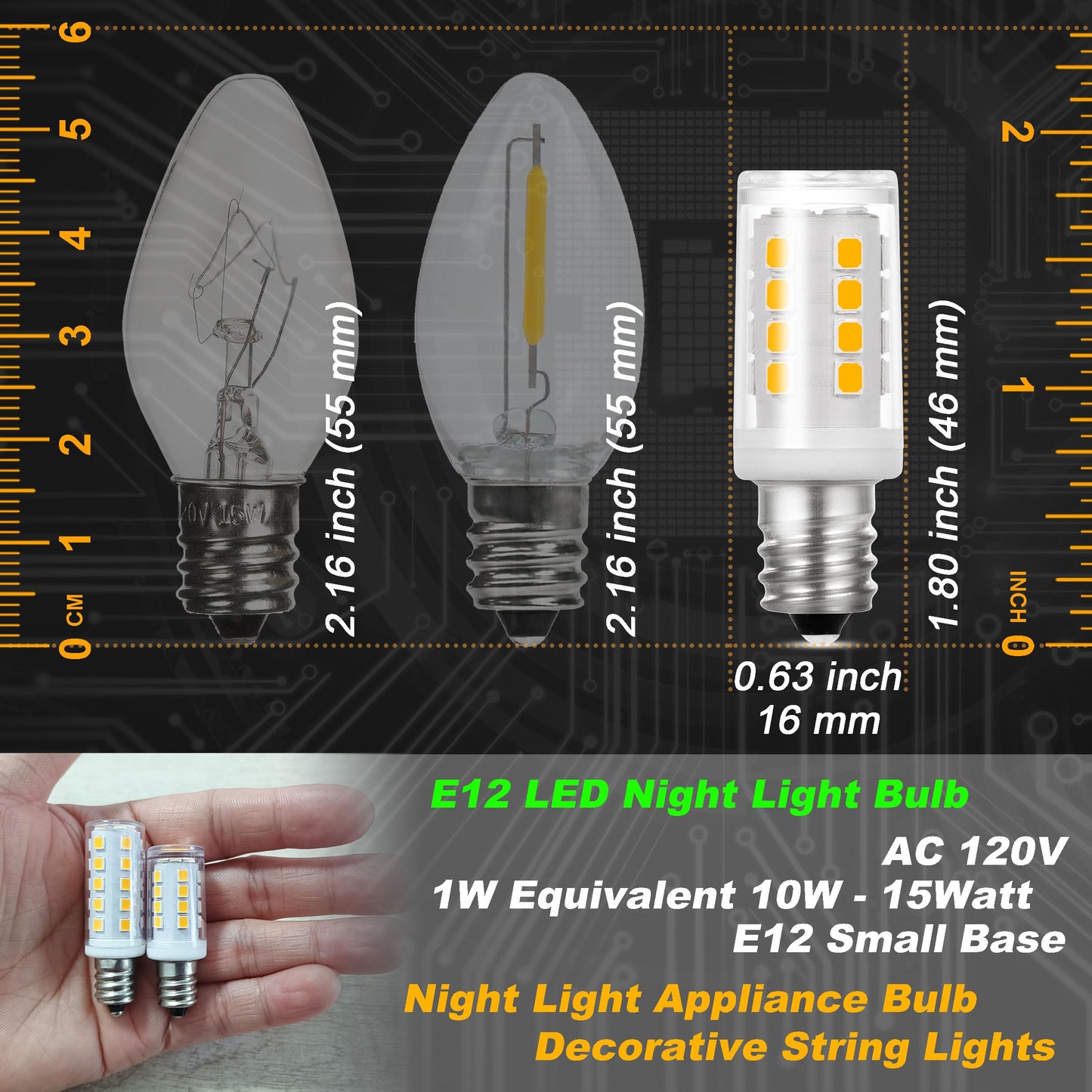 Hylroe E12 LED Candelabra Base Night Light Bulb 1 Watt Equivalent 10W 15W, AC120V 150lm 2700K Warm White C7 E12 Small Bulbs for Salt Lamp Appliance Bulb Decorative String Lights, Non-dimmable, 4 Pack