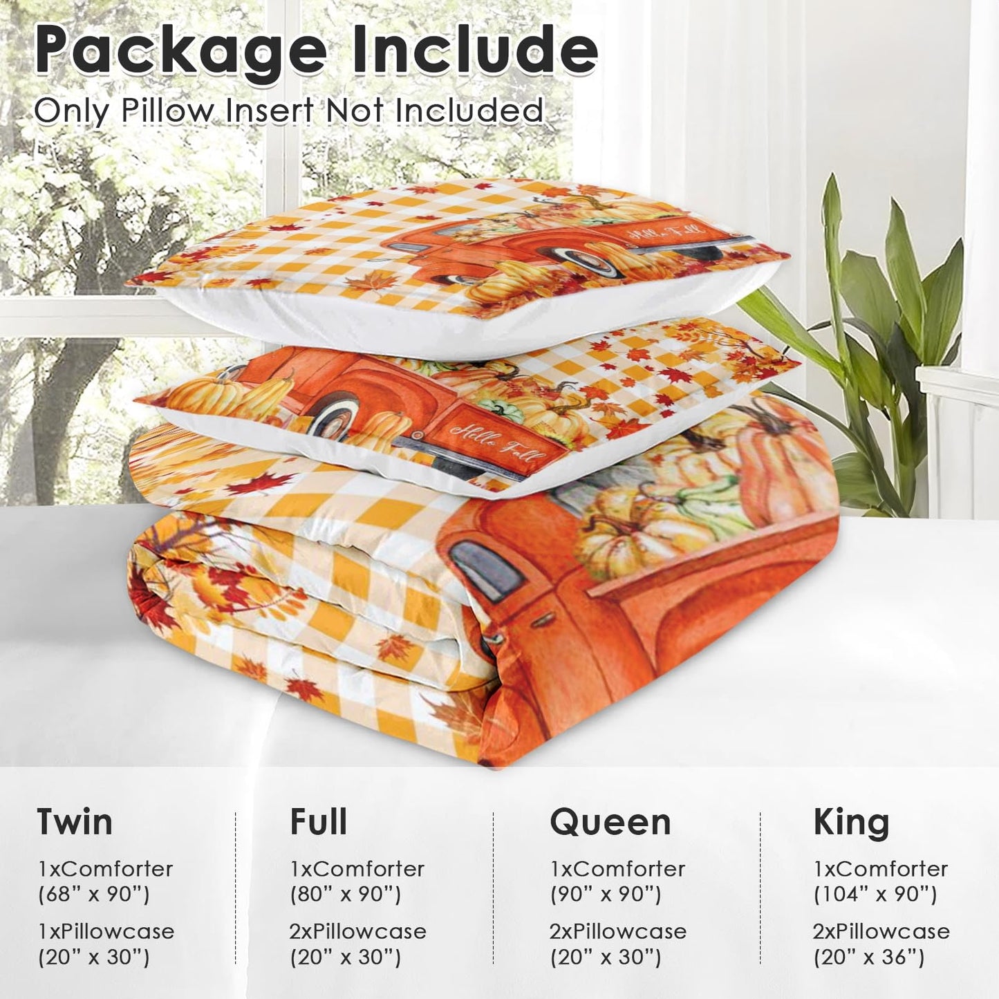 Nesphy Fall Plaid Retro Truck King Comforter Set, Autumn Pumpkin Leaves Thanksgiving Bedding Set 3 Piece, All Season Soft Toddlers Children Adults Bedroom Bed Decoration Comforter and 2 Pillow Shams