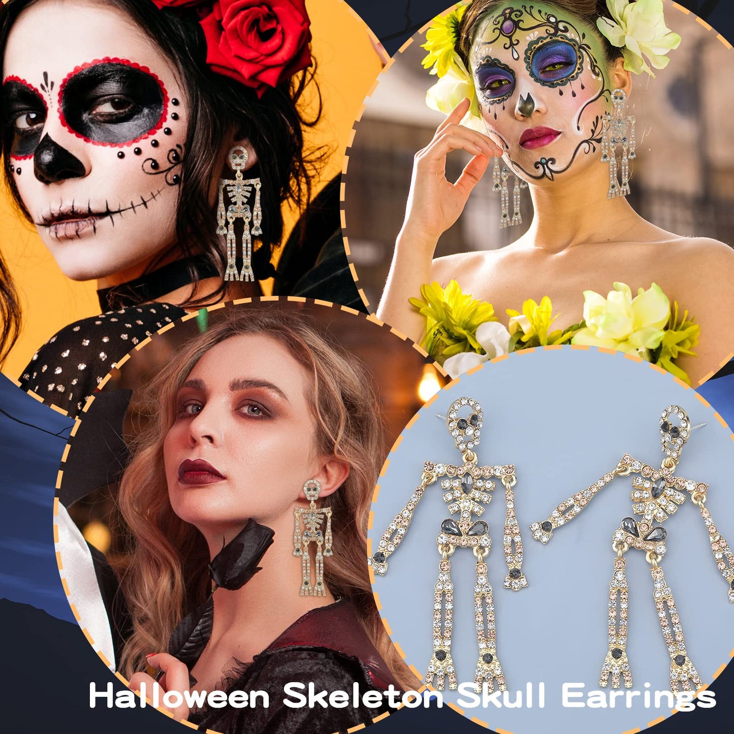 Halloween Earrings Spooky Skull Skeleton Dangle Earrings for Women Bling Rhinestone Crystal Punk Gothic Jewelry Halloween Accessories Gifts
