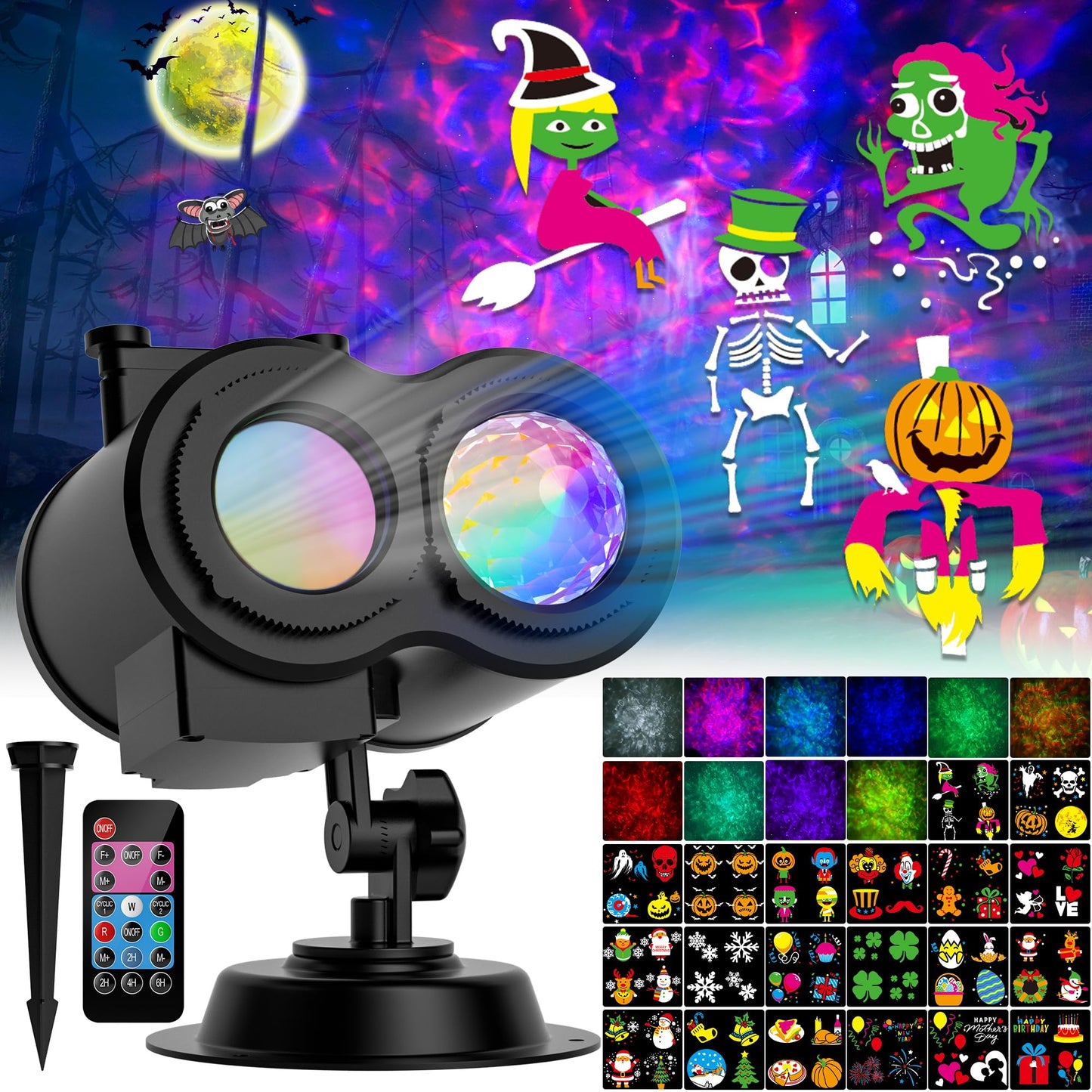 COOLWUFAN Christmas Halloween Projector Lights Outdoor, 2-in-1 Moving Patterns Landscape Lights 30 HD Effects (3D Ocean Wave & Patterns) Projection Light for Xmas Halloween Party Garden Decorations