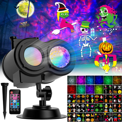 COOLWUFAN Christmas Halloween Projector Lights Outdoor, 2-in-1 Moving Patterns Landscape Lights 30 HD Effects (3D Ocean Wave & Patterns) Projection Light for Xmas Halloween Party Garden Decorations