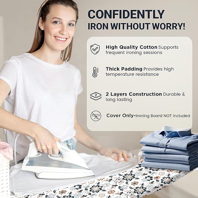 Ironing Board Cover and Pad 18"x54" Extra Thick Natural Cotton, Scorch and