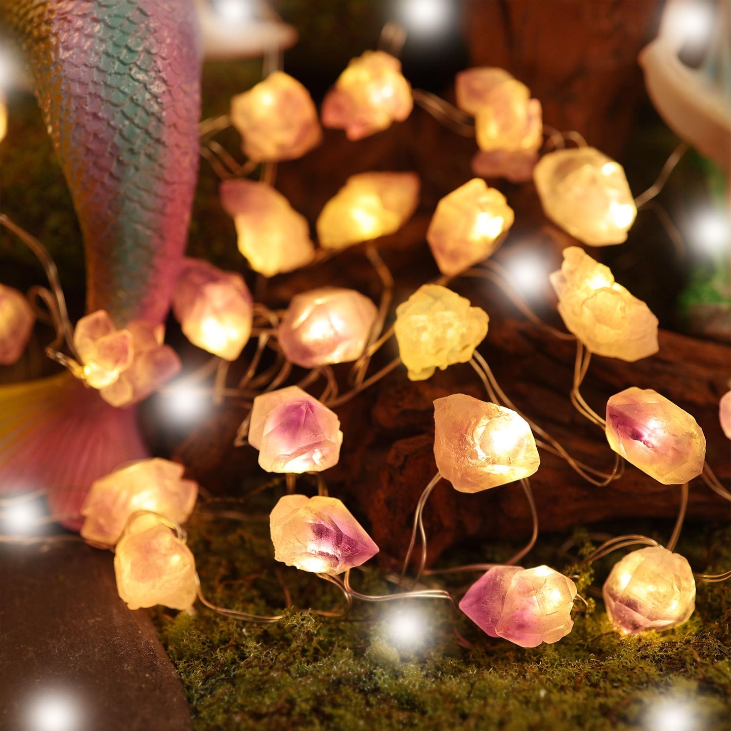 JASHIKA Genuine Amethyst Crystal Fairy Lights, Natural Healing 20 Raw Stones String of Lights 6.5ft Remote Control USB Plug in for Reiki Ornaments Bedroom Wedding Decoration
