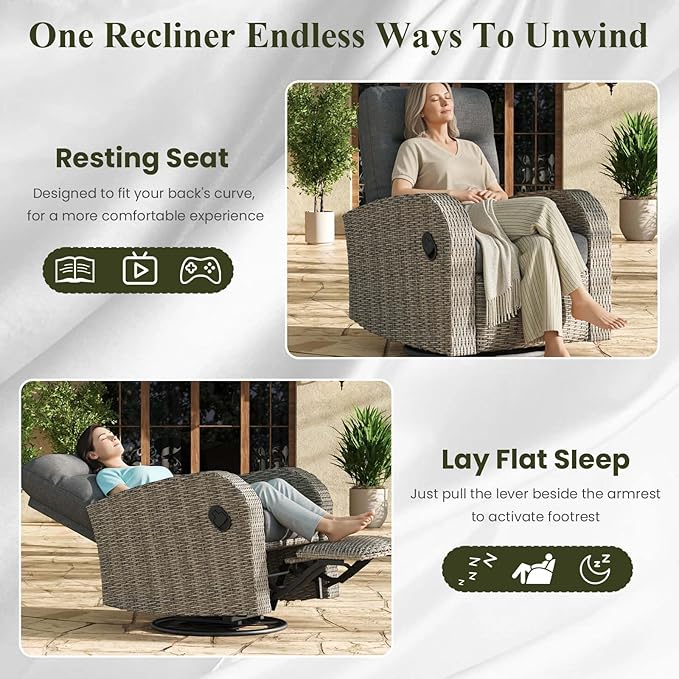 LayinSun Oversized Wicker Outdoor Swivel Glider Recliner with Adjustable Backrest & Footrest, Patio Reclining Lounge Chair