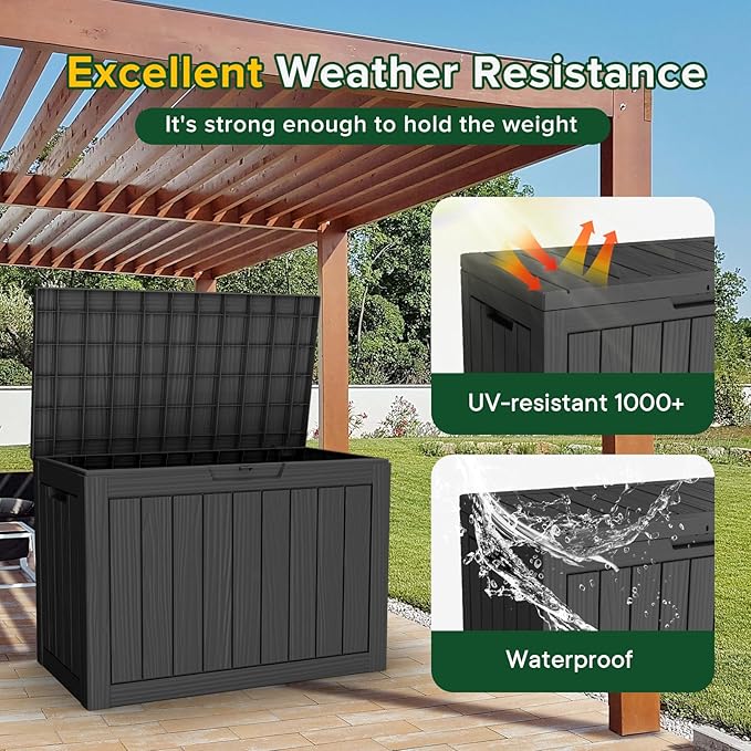 EasyUp 45 Gallon Outdoor Storage Box Waterproof, UV Resistant Deck Box Outdoor, Lockable Resin Deck Boxes for Garden Tools Equipment and Cushions, Black