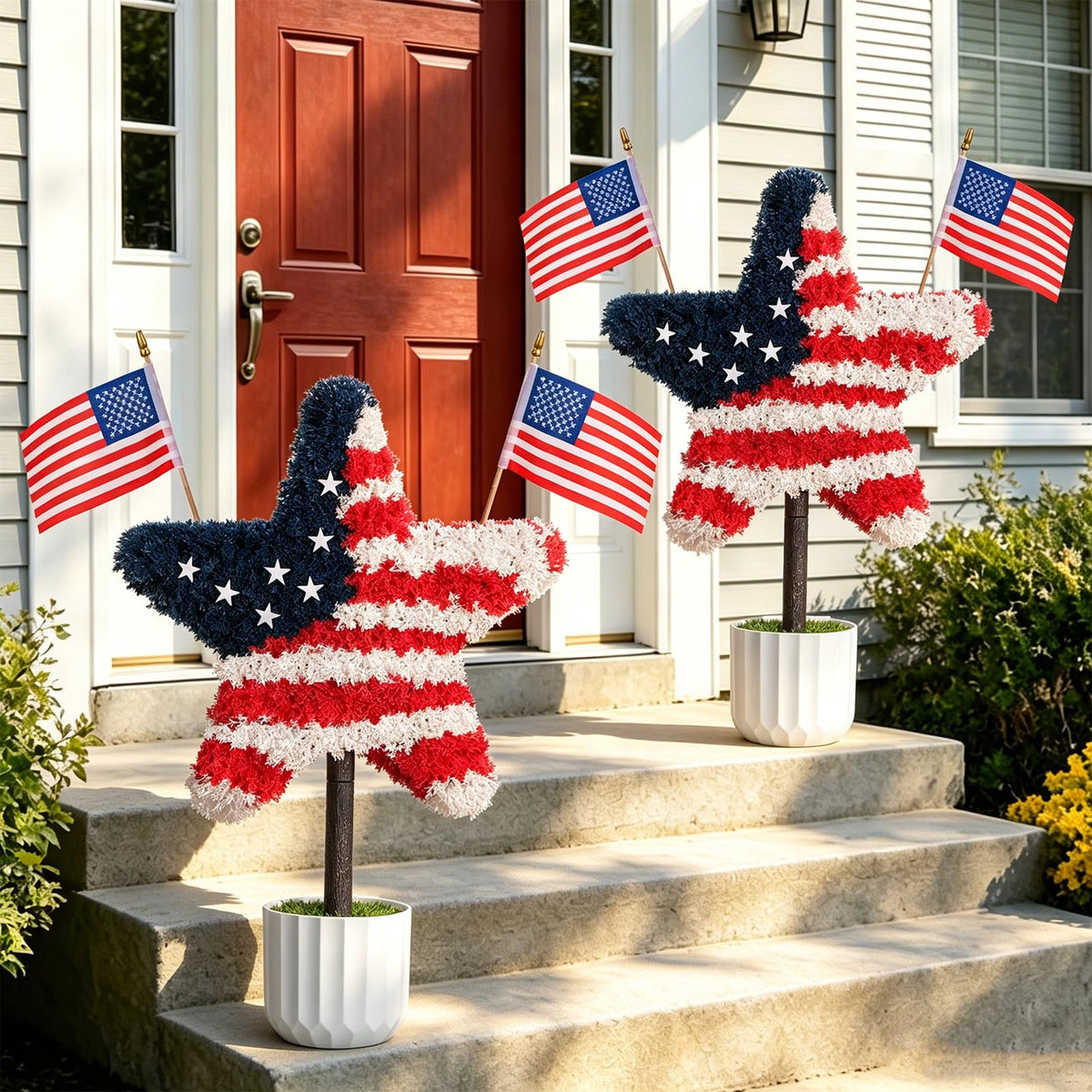 Chillchard 2 Pack Artificial Boxwood Star Patriotic Topiary Trees Outdoor