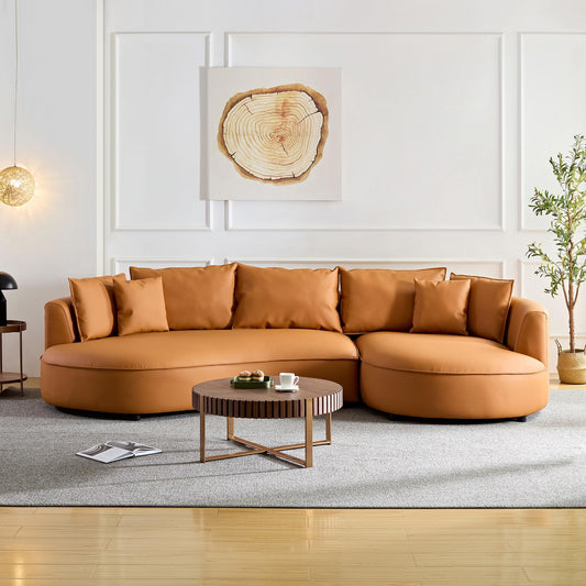 KEIKI 129" Curved Oversized Modular Bonded Leather Sectional Sofa with Right Chaise, 4 Pillows, 3 Back Cushion, Modern Comfy 5-Seater Couch, Easy Assembly, for Apartment, Living Room, Orange