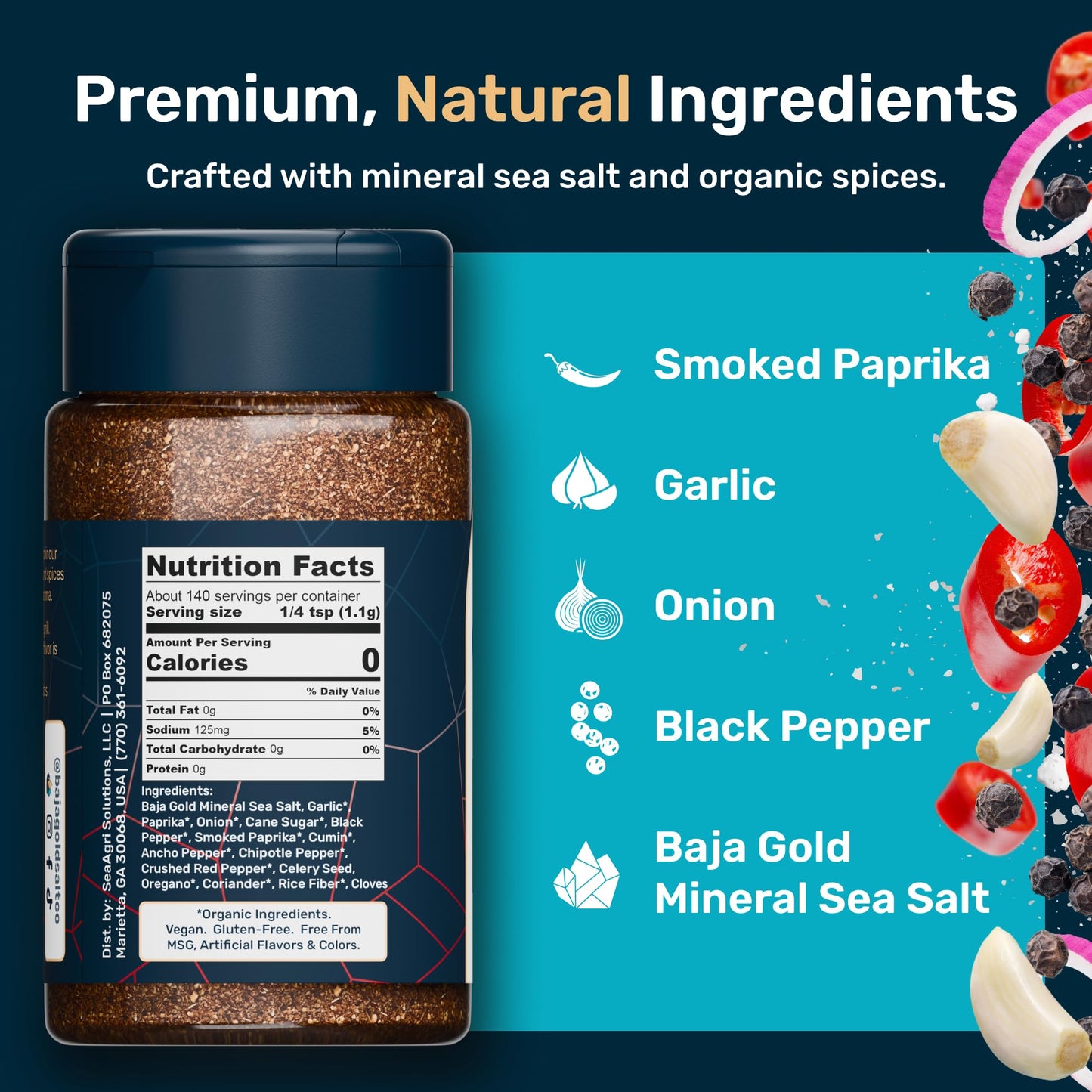 Baja Gold BBQ Seasoning, Smoky Barbecue Rub Blend with Paprika Cane Sugar Black Pepper and Mineral Sea Salt, for Ribs Chicken Pork and Burgers, All Purpose Seasoning and Meat Rub, 5.4 Oz