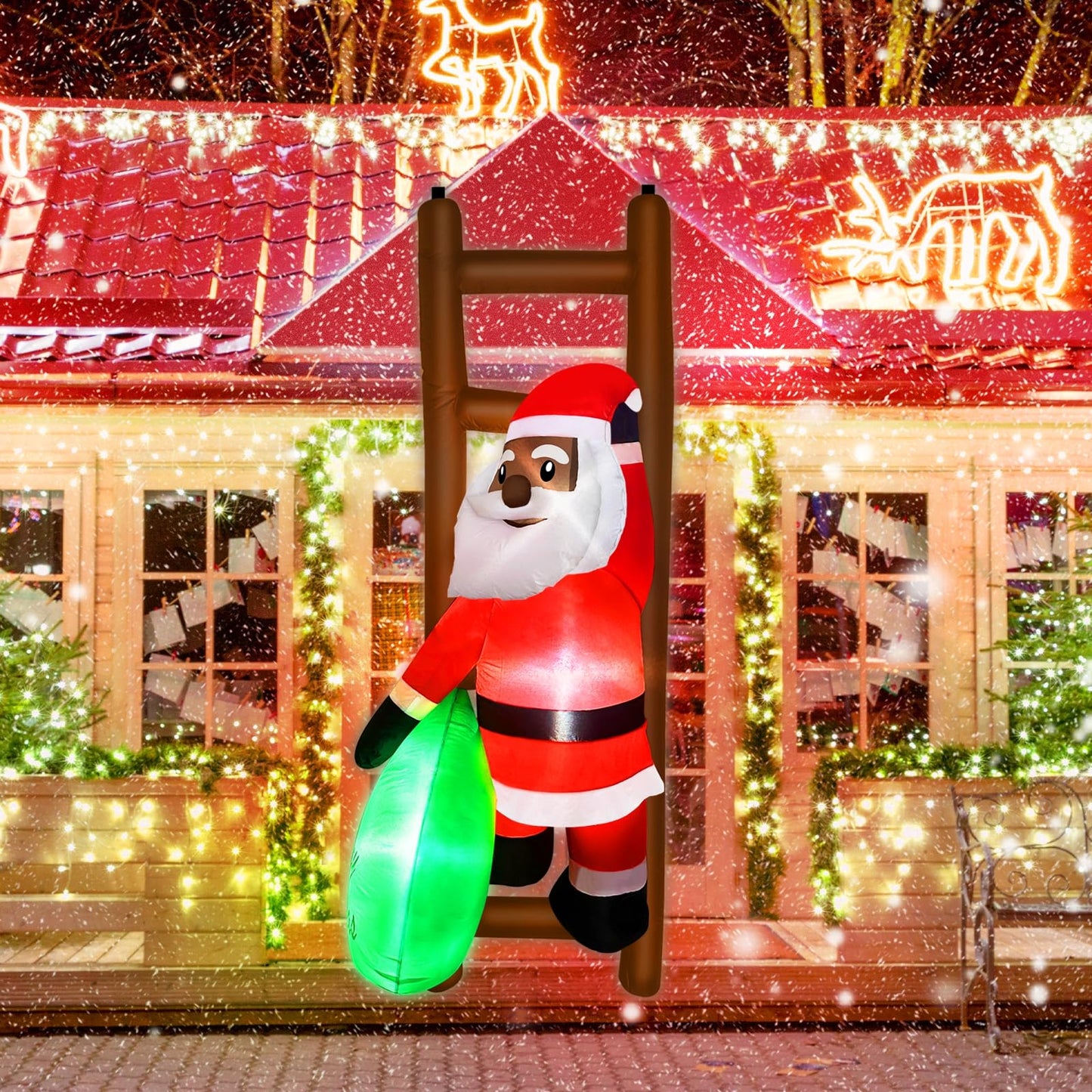 6 FT Hanging Christmas Inflatables Black Santa Claus with Gift Bag Climbing on Ladder, Blow Up African American Christmas Decorations Outdoor Build-in LED Lights for Garden Decor Xmas Holiday Party