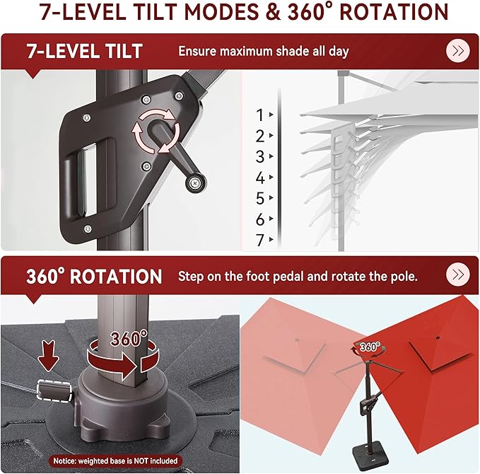 10 X 13 FT Cantilever Outdoor Patio Umbrella with Led Lights Large Heavy Duty 360° Rotation Double Top Offset Rectangular Umbrellas for Backyard Garden Pool Outside Deck, Red