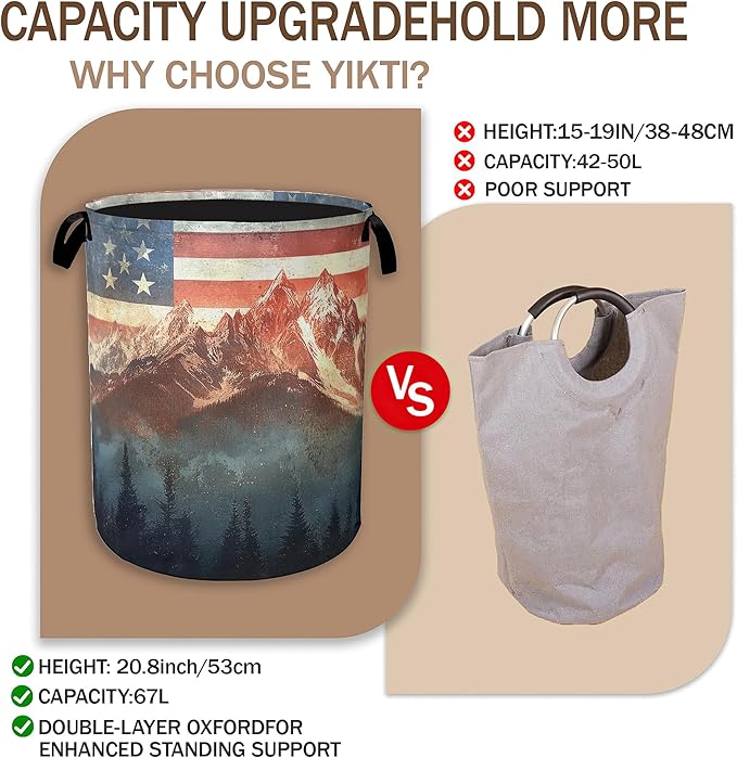 Vintage American Flag Laundry Hamper, Forest Mountain Clothes Hamper