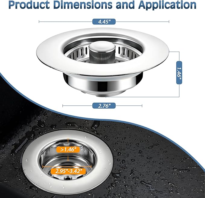 Kitchen Sink Drain Strainer 3 in 1, 304 Stainless Steel Pop Up Sink Stopper