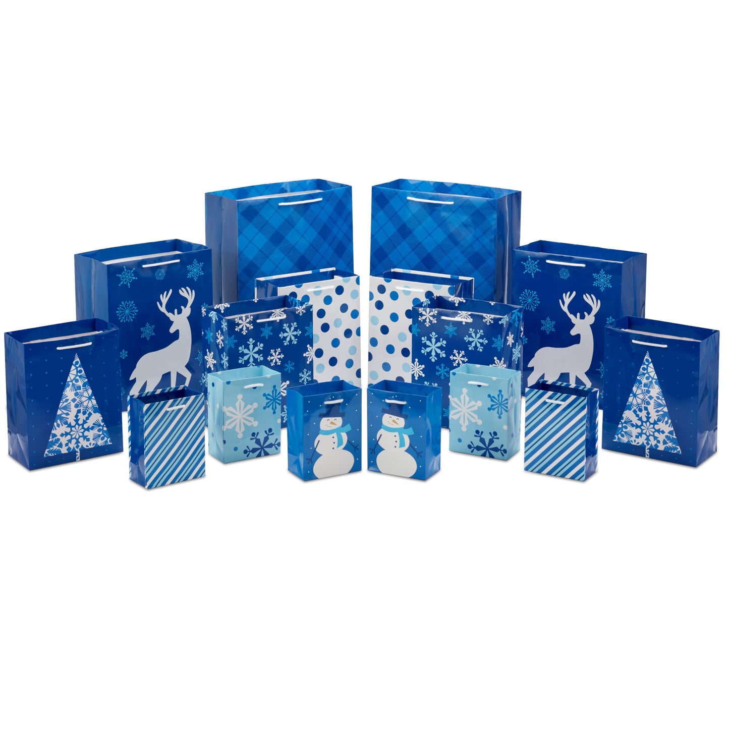 Hallmark Image Arts Assorted Christmas Gift Bags Bulk - Blue Plaid, Snowman, Deer, Tree, Snowflakes (16 Bags: 6 Small 5", 6 Medium 8", 2 Large 11", 2 XL 14") for Holiday Parties, Hanukkah, Weddings