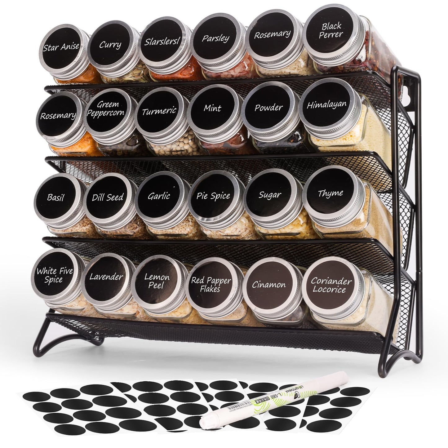DIDITIME Spice Rack Organizer with 24 Glass Jars and 60 Labels, 4-Tier Seasoning Organizer for Cabinet, Countertop, Pantry or Wall Mount, Rust-Resistant Carbon Steel Spice Jar Set with Marker