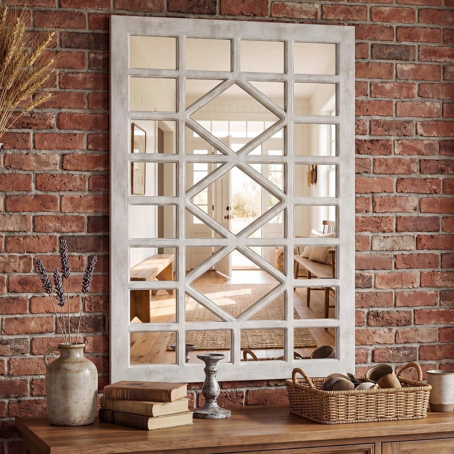 CozyDH Farmhouse Window Pane Mirror Decor - 24x36 inch Retro White Rectangle Wall Mirror Soli Wood Frame, Decorative Wooden Accent Mirror for Entryway, Fireplace, Living Room, Hallway, Dining Room