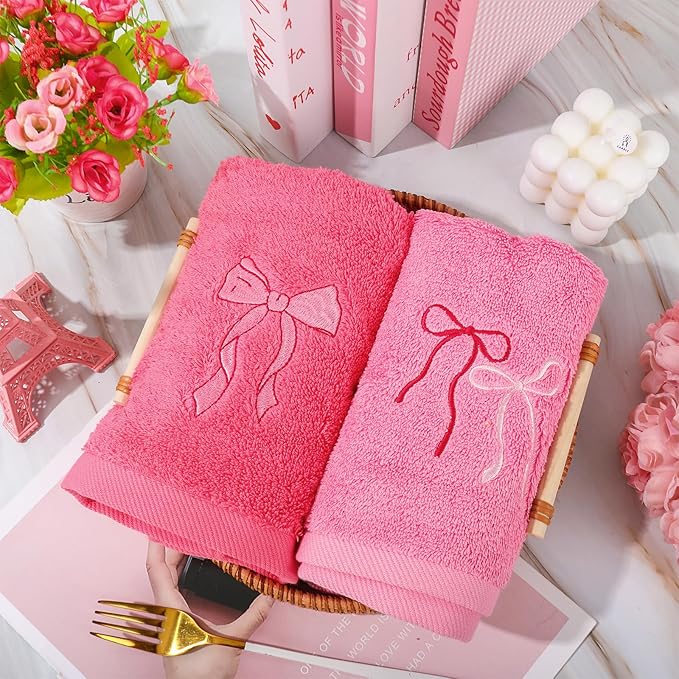 3Pcs Pink Bow Hand Towels Coquette Cotton Embroidered Decorative Towels