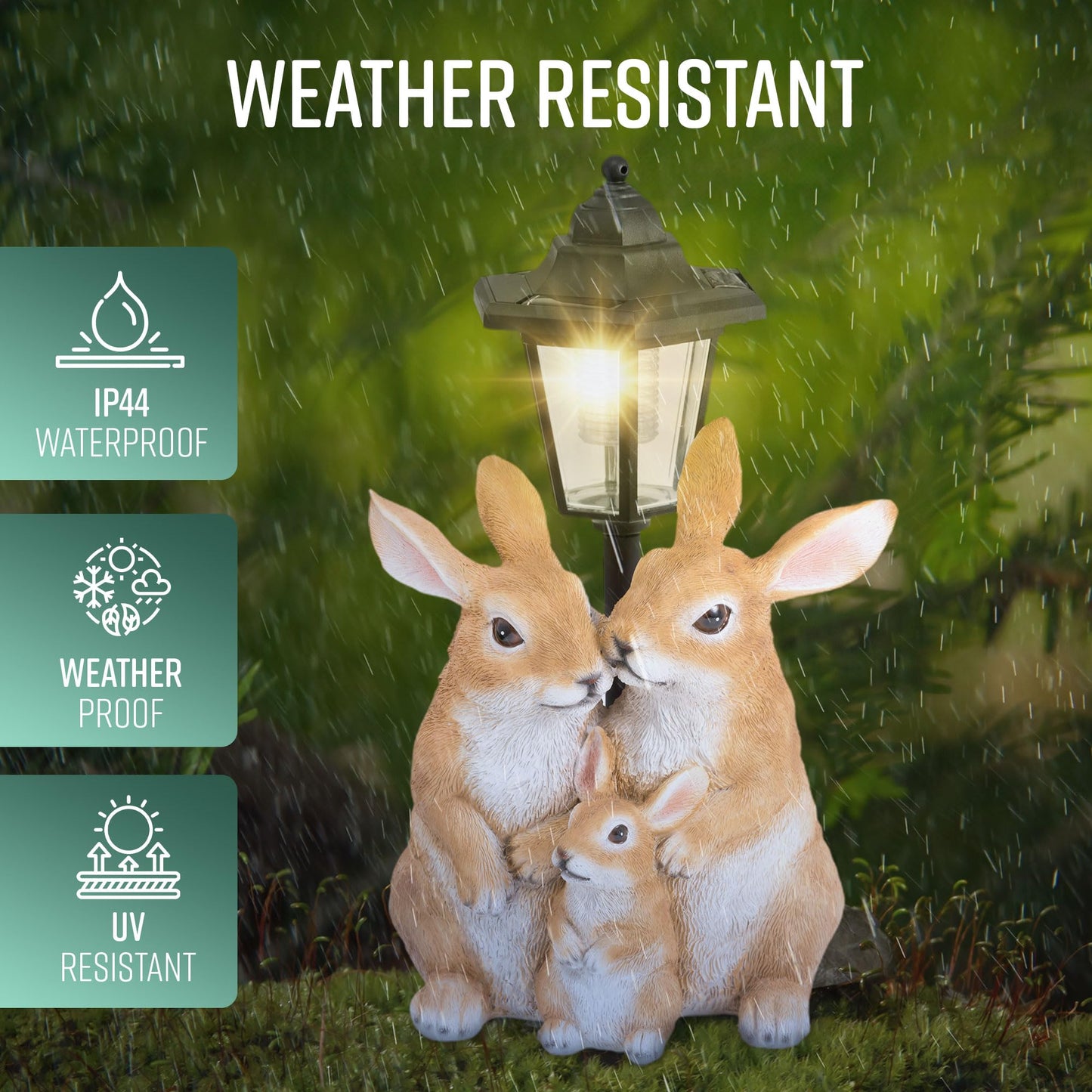 GloBrite Solar Rabbit Family with Lantern Post Light – Resin Garden Ornaments Outdoor Use - Solar Garden Lights for Yard, Patio, Lawn– Charming Animal Figurines