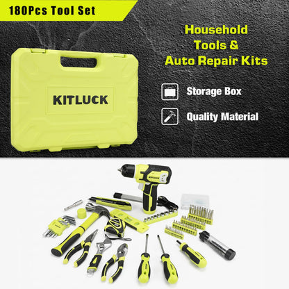 KITLUCK Power Drill Set, 180Pcs Home Hand Tool Kit with 8V Drill, Portable Tool box Kit with Screwdriver, Plier, Wrench, Socket, Harmer, Household Cordless Drill Set for Men Women Home