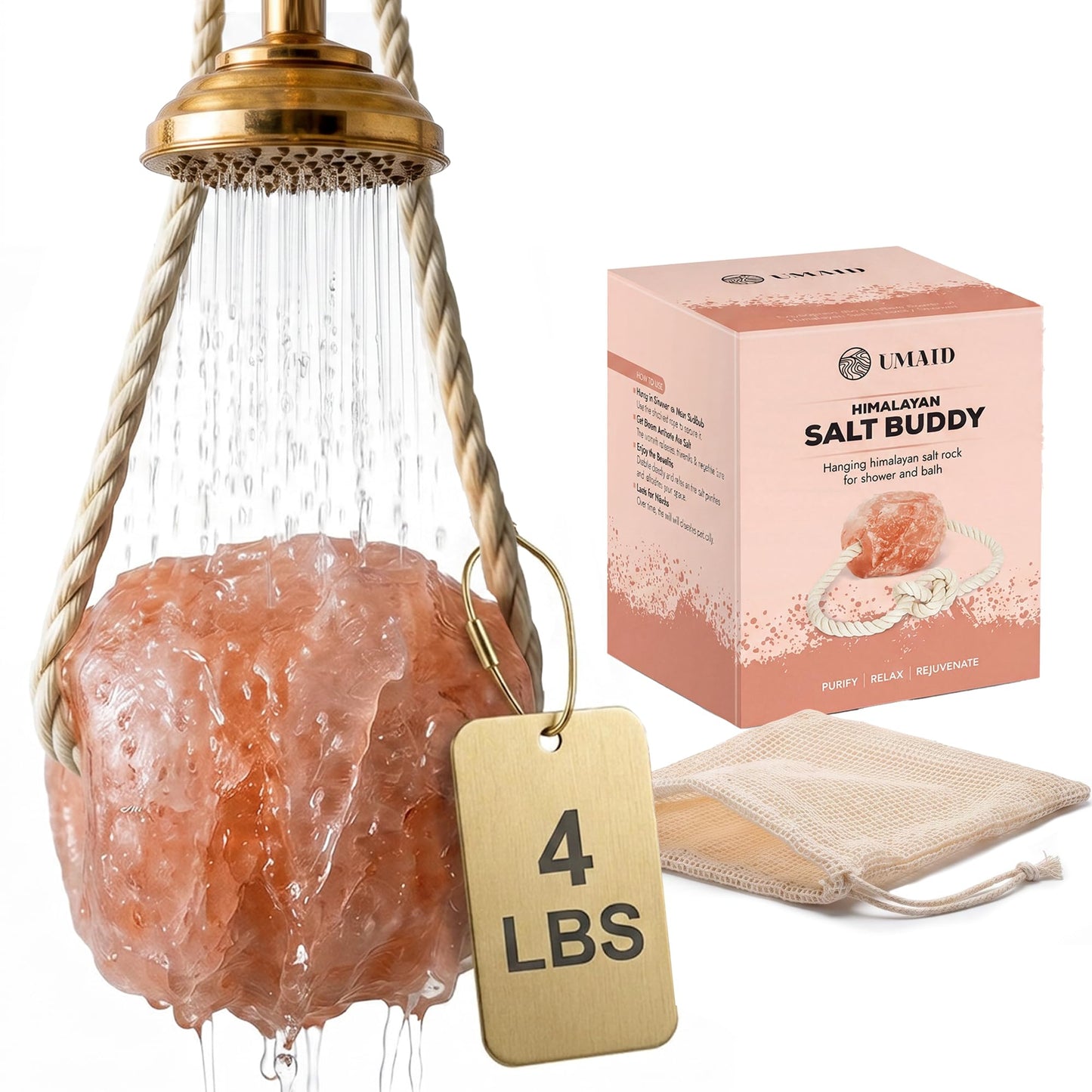 UMAID Himalayan Pink Salt Rock for Shower & Bath – Salt Buddy™ 4 lb Hanging Mineral Stone for Spa-Inspired Relaxation, Self-Care & Bath Soaks, Unique Wellness & Home Spa Gifts for Men & Women