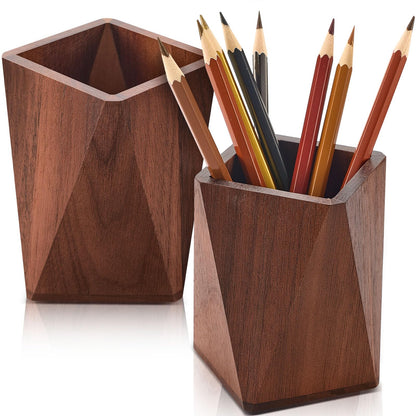 Henoyso 2 Pcs Wood Pen Pencil Holder Geometric Pencil Cup Stand Makeup Organizer for Pen Holder Desk Home Office Adults(Black Walnut)
