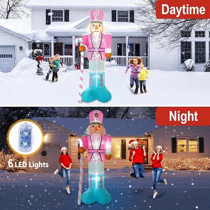 10FT Christmas Inflatables Pink Nutcracker Hold Candy Cane, Christmas Blow up Yard Decoration Inflatable Nutcracker Built-in 6 LED for Xmas Decorations Outdoor Indoor Xmas Gifts