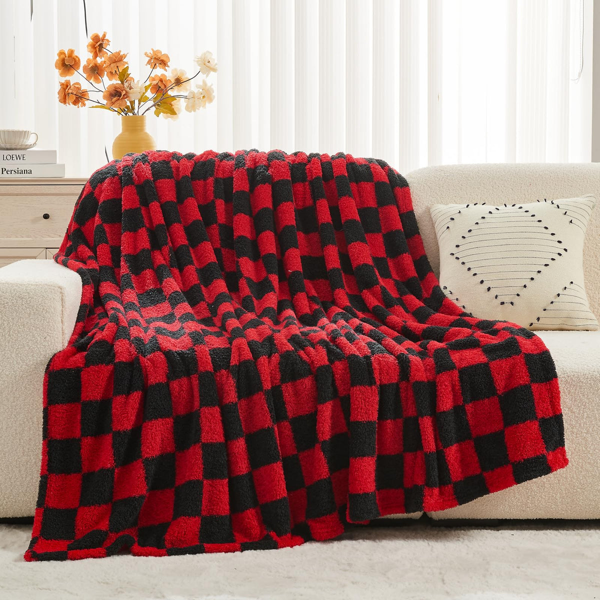 NEWCOSPLAY Knitted Red Black Checkered Blanket Super Soft Plush Throw for Couch Fuzzy Fluffy Microfiber Lightweight Blanket for Bed Sofa All Season Use (Red Black, Throw(50"x60"))
