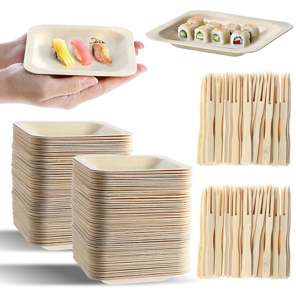 Hpmjz 300Pcs Disposable Square Bowls & Forks Set 4.5 × 4.5 Inch 100Pcs Bamboo Disposable Plates & 200pcs Forks Square Wood Plates for Birthday Party Wedding Events Appetizer Dessert Catering Home Use