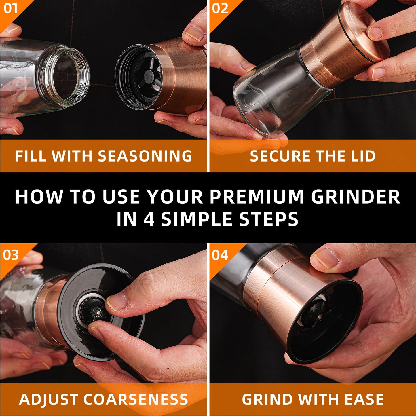 DAVIMADE Short Copper Salt and Pepper Grinder Set of 2，Refillable Adjustable Coarseness Stainless Steel Glass Bottle, Pepper Mills W/Funnel for Kitchen