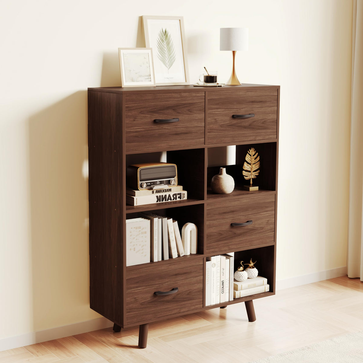 ELYUP Bookcase with Fabric Storage Bins - 8 Cube Organizer Display Bookshelf for Home Office, Walnut