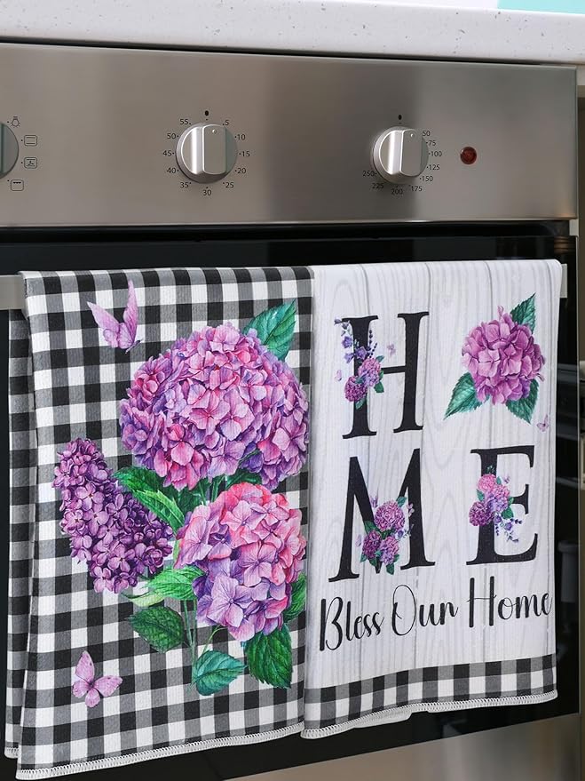 Bencailor 4 Pcs Spring Hydrangea Kitchen Towels Farmhouse Purple Floral Hand