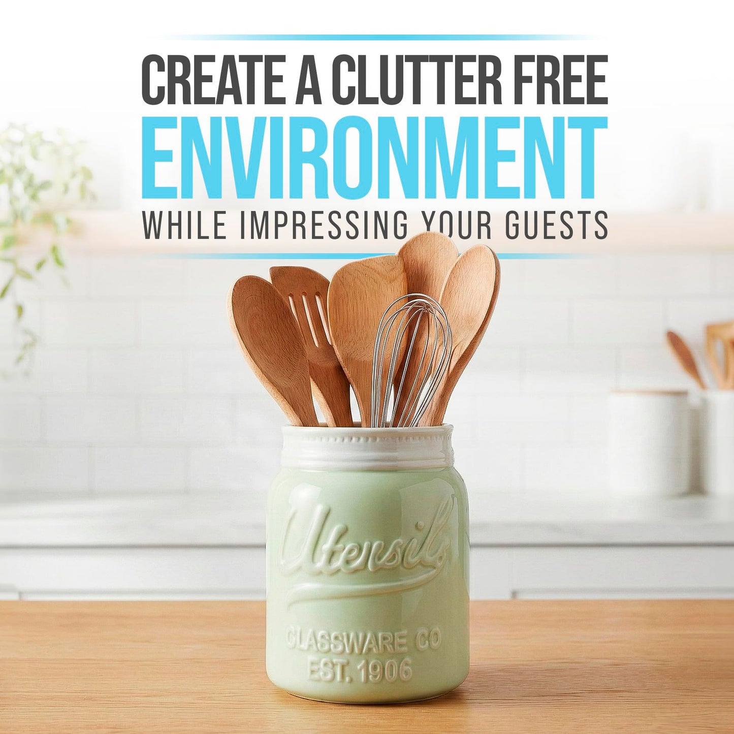 Comfify Green Mason Jar Utensil Holder – Wide Mouth Ceramic – Farmhouse