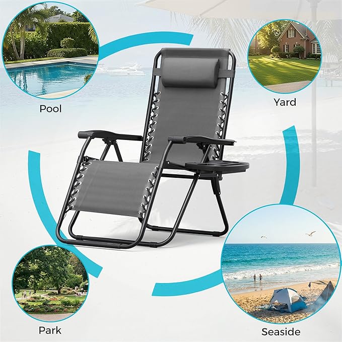 Homall Zero Gravity Chair Patio Folding Lawn Outdoor Lounge Gravity Camp Reclining Lounge Chair with Cup Holder Pillows for Poolside Backyard and Beach Set of 4 (Grey)