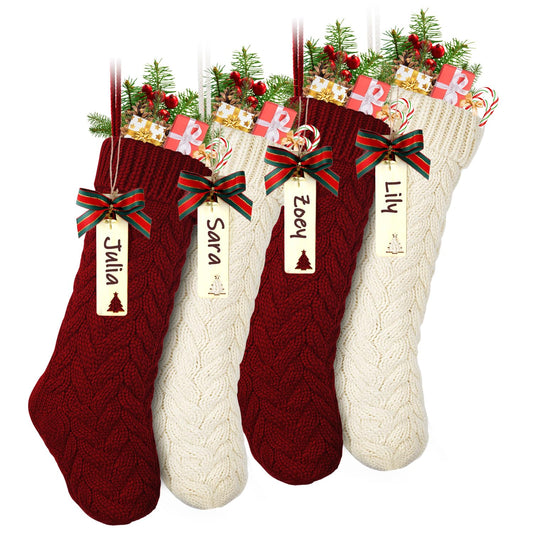 LIBWYS Knit Christmas Décor Stockings with Name Tags, 4 Pack 18" Large Cable Xmas Stockings Classic Burgundy Red Ivory White Chunky Hand Decoration Stockings