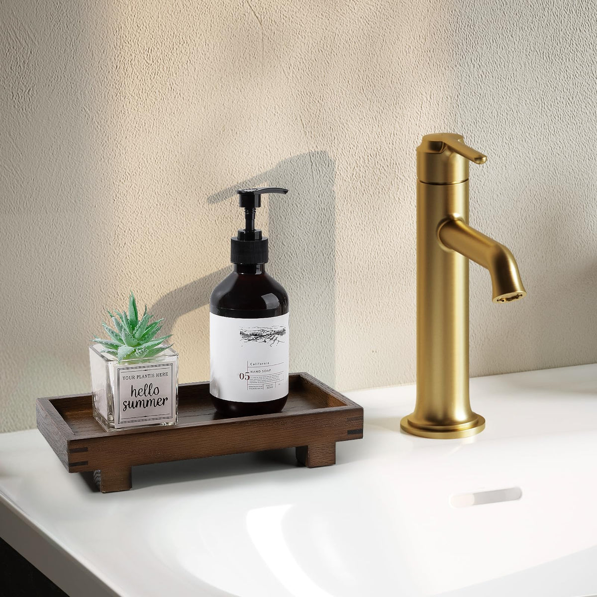 Decorative Tray Small Pedestal Stand Farmhouse Bathroom Decor Wooden Riser Display Stand for Vanity, Kitchen Countertop, Sink, 9.4 * 4.7 Walnut